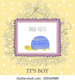 Baby Boy Shower and Arrival Card with cute turtle.With place for your foto and text in vector.