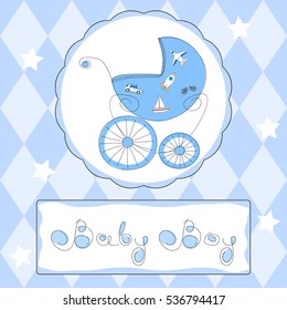 Baby boy shower or arrival card in blue colors with freehand retro styled baby carriage and handwritten title, eps10 vector illustration