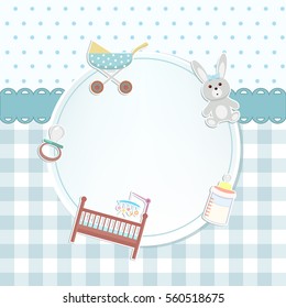 Baby boy shower or arrival card with a pram, rabbit toy, bottle of milk, cot, pacifier. Flat design
