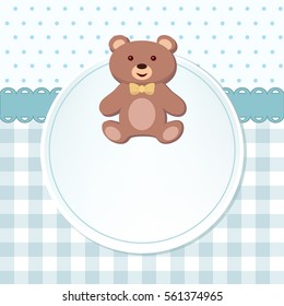 Baby boy shower or arrival card with teddy bear. Flat design