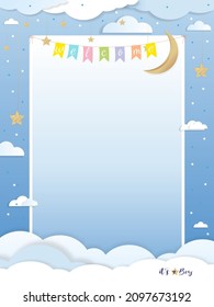 Baby boy shower backdrop on blue background,Greeting card Paper art abstract origami cloudscape,crescent moon and stars on sky background,Vector Cute paper cut with copy space for baby's photo