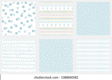 Baby boy shower blue collection Hand drawn seamless pattern set Blue simple textures background fabric cloth Stripes polka dot circle shape irregular graphic childish design Cute vector illustration.