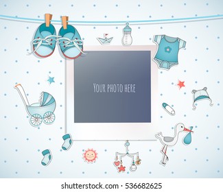 Baby Boy Shower Card. Arrival Card With Place For Your Photo.