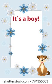 Baby boy shower card. Arrival card with place for your text. Blue floral background. Small blue and gray white flowers, cut from paper. A yellow puppy is sitting in the corner. A blank sheet of paper 