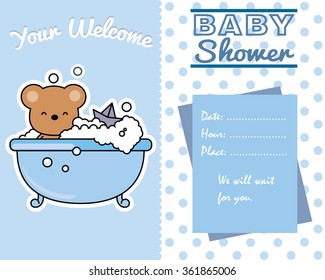 baby boy shower card. Bear in the bath