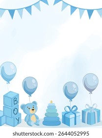 Baby boy chuveiro cartão com ilustrações planas azuis no fundo, perfeito para convites, cartões de saudação, anúncios de nascimento e projetos de celebração do bebê