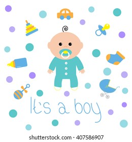 Baby boy shower card. Bottle, horse, rattle, pacifier, sock, car toy, baby carriage icon set. Its a boy. Cartoon character. White background with circle dot. Isolated. Flat design Vector illustration