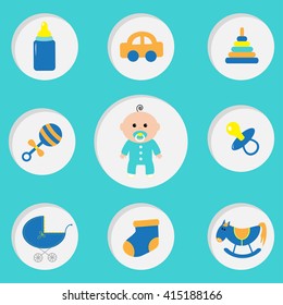 Baby boy shower card with bottle, horse, rattle, pacifier, sock, car toy, baby carriage, pyramid. Its a boy. Round icon set. Blue background. Flat design Vector illustration