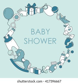 Baby boy shower card. Colorful invitation vector. Newborn baby boy background. Illustration with baby icons and child toys