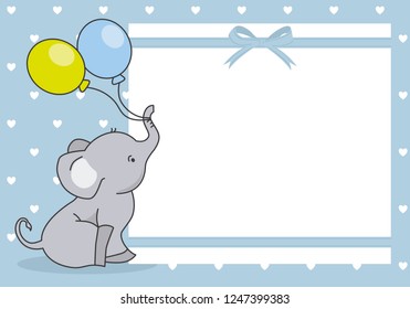 baby boy shower card. cute elephant with balloon. space for text