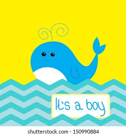 Baby boy shower card with cute whale. Vector illustration