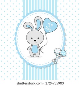 Baby boy shower card. Cute rabbit with heart shaped balloon