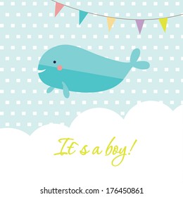 Baby boy shower card with cute whale and flags