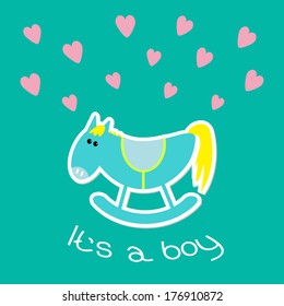 Baby boy shower card with cute horse. Flat design style. Vector illustration