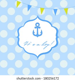 Baby boy shower card with cute anchor on seamless polka dots background