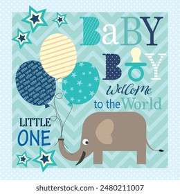 Baby boy shower card with cute elephant and balloons