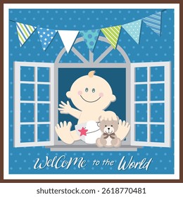 Baby boy shower card with cute baby and bear on the window