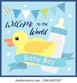 Baby boy shower card design with little duck and milk bottle