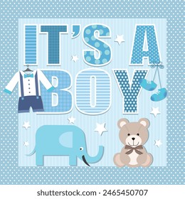 Baby boy shower card design with lettering, elephant, bear and clothes