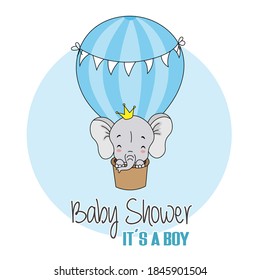 baby boy shower card. Elephant flying in balloon