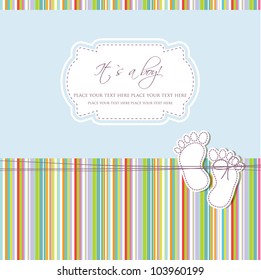 Baby boy shower card with foot steps and frame for your text