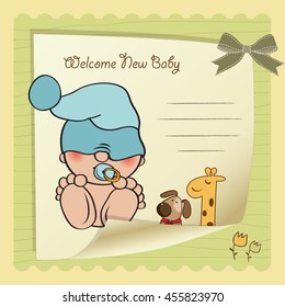 baby boy shower card with funny little baby, vector illustration