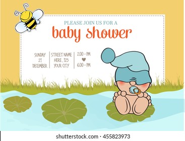 baby boy shower card with funny little baby, vector illustration