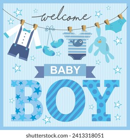 Baby boy shower card with hanging decorations and text