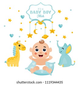 Baby boy shower card. Invitation template with cute little boy, giraffe and elephant toy. Labels with letters and kids illustration.