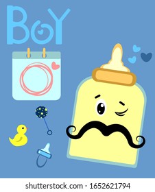 Baby boy shower card. Invitation template with cute toys, place for your text. Labels with letters and kids illustration.