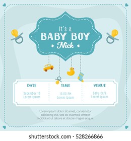 Baby boy shower card. Invitation template with cute toys, place for your text. Labels with letters and kids illustration.
