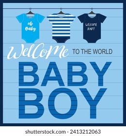 Baby boy shower card with lettering and baby clothes