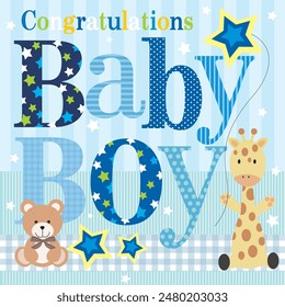 Baby boy shower card with lettering, giraffe and bear