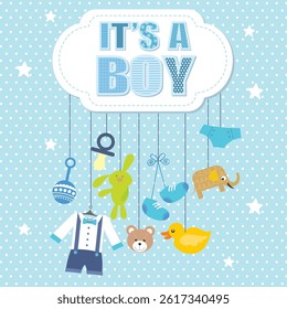 Baby boy shower card with lettering and hanging baby decorations