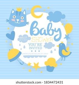 Baby Boy Shower Card, Light Blue Invitation Template with Place for Text Cartoon Vector Illustration
