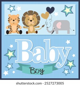 Baby boy shower card with lion, tiger, elephant and lettering