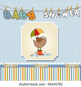 baby boy shower card with little bird stand in the rain