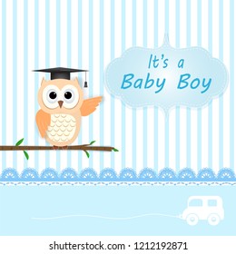 Baby boy shower card with Owl on blue. Greeting card paper art style illustration