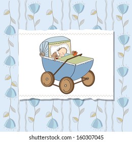 baby boy shower card with retro stroller, vector illustration