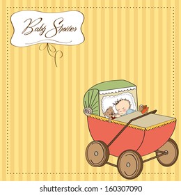 baby boy shower card with retro stroller, vector illustration