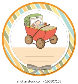 baby boy shower card with retro stroller, vector illustration
