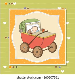 baby boy shower card with retro stroller, vector illustration