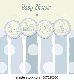 baby boy shower card with retro toys, vector illustration
