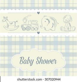 baby boy shower card with retro toys, vector illustration