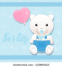 Baby boy shower card with baby teddy bear on blue. Greeting card paper art style illustration