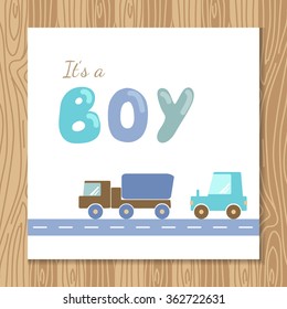 Baby boy shower card template. Holiday card design with transport and hand drawn letters. It's a boy postcard. Baby boy greeting arrival card in blue and brown colors. Vector illustration