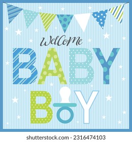 Baby boy shower card with text and decorations