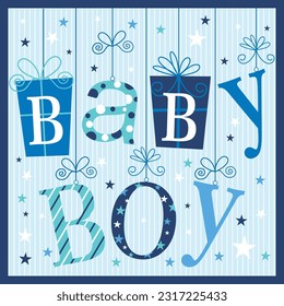 Baby boy shower card with text and gifts