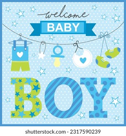 Baby boy shower card with baby text and decorations