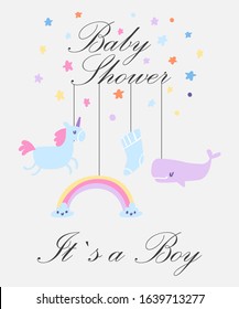 Baby boy shower card vector illustration. Its a boy. Invitation web template with cute cartoon toys, place for your text. Cute animals, unicorn, rainbow and whale kids backdrop for baby shower.